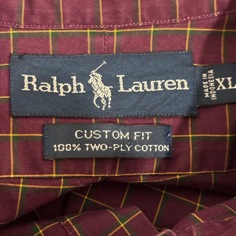 Ralph Lauren Button Down Shirt Mens XL Burgundy Check Custom Fit Two-Ply Cotton